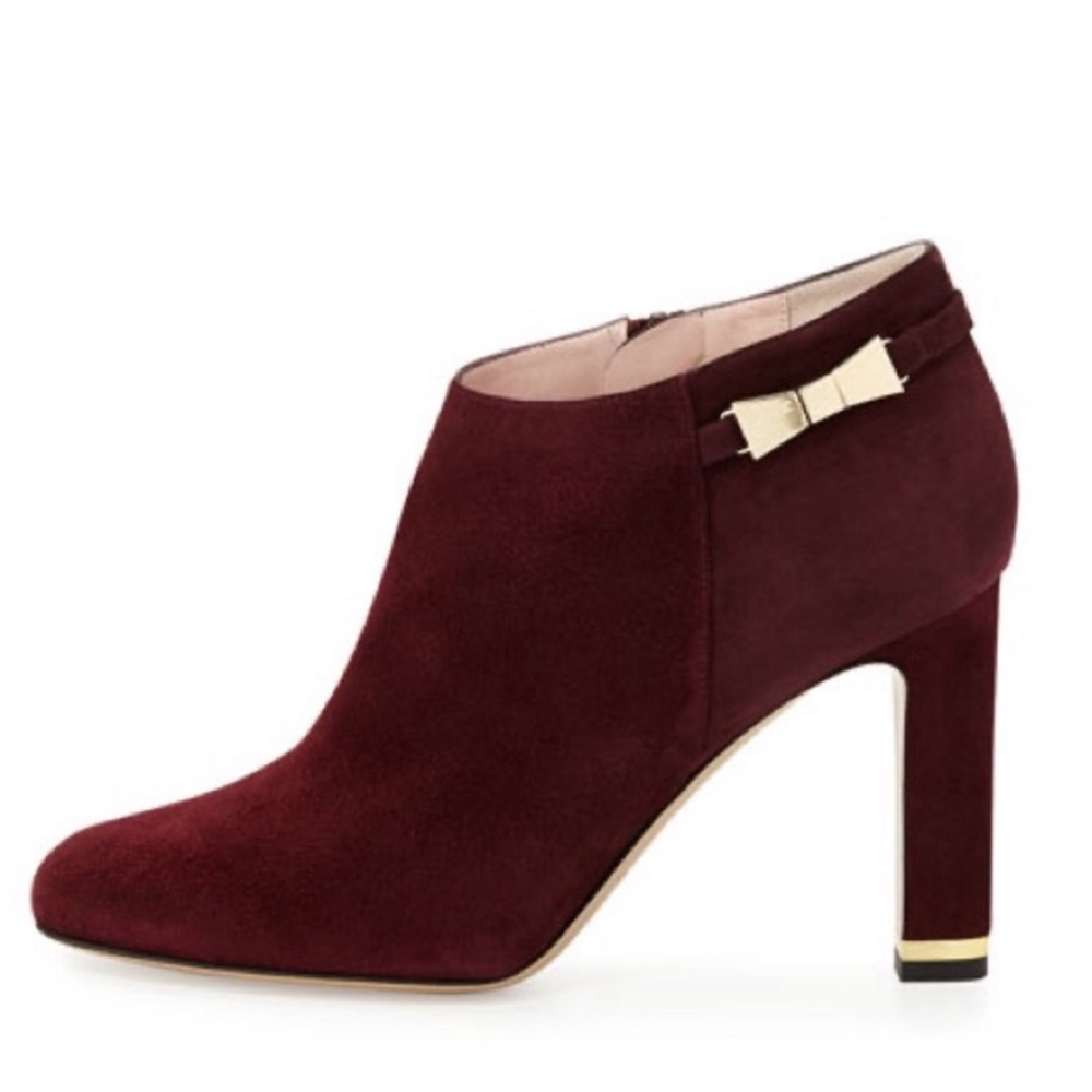 Kate‎ Spade - women’s Aldaz burgundy suede & gold bow accents heeled Booties 7